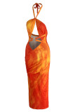 Orange Fashion Sexy Print Bandage Hollowed Out Backless Halter Strapless Dress