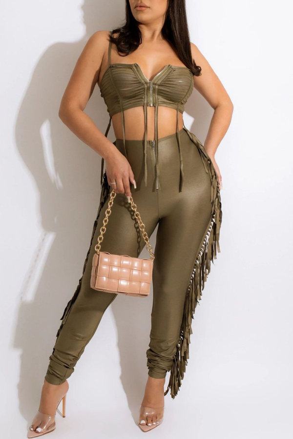Brown Fashion Sexy Solid Tassel Patchwork Backless Spaghetti Strap Sleeveless Two Pieces