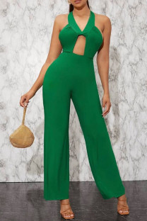 Green Sexy Solid Hollowed Out Split Joint Backless Halter Straight Jumpsuits