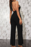 Black Sexy Solid Hollowed Out Patchwork Backless Halter Straight Jumpsuits