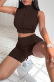 Coffee Fashion Casual Sportswear Solid Patchwork Turtleneck Sleeveless Two Pieces