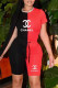 Black Red Fashion Casual Print Patchwork O Neck Short Sleeve Two Pieces