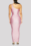 Pink Fashion Sexy Solid Backless One Shoulder Long Dress