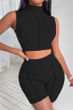 Coffee Fashion Casual Sportswear Solid Patchwork Turtleneck Sleeveless Two Pieces