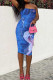 Blue Sexy Print Patchwork Strapless Pencil Skirt Dresses