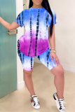 Multicolor Casual Patchwork Tie-dye O Neck Short Sleeve Two Pieces