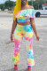 Colour Fashion Casual Print Tie Dye Patchwork Off the Shoulder Short Sleeve Two Pieces