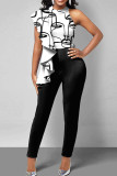 White Casual Print Patchwork Flounce O Neck Sleeveless Two Pieces