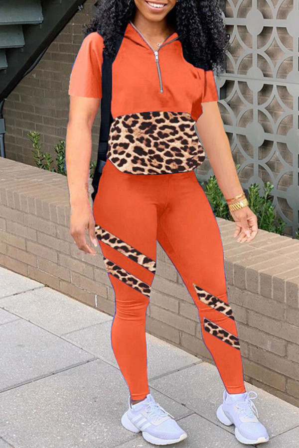 Orange Fashion Casual Print Leopard Patchwork Zipper Collar Short Sleeve Two Pieces