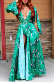 Green Sexy Print Hollowed Out Backless V Neck Asymmetrical Dresses