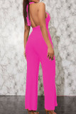 Yellow Sexy Solid Hollowed Out Patchwork Backless Halter Straight Jumpsuits