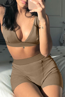 Khaki Sexy Solid Split Joint V Neck Sleeveless Two Pieces