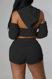 Black Fashion Casual Letter Solid Split Joint Backless Hooded Collar Three Quarter Two Pieces