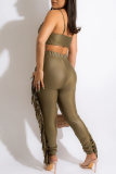 Brown Fashion Sexy Solid Tassel Patchwork Backless Spaghetti Strap Sleeveless Two Pieces