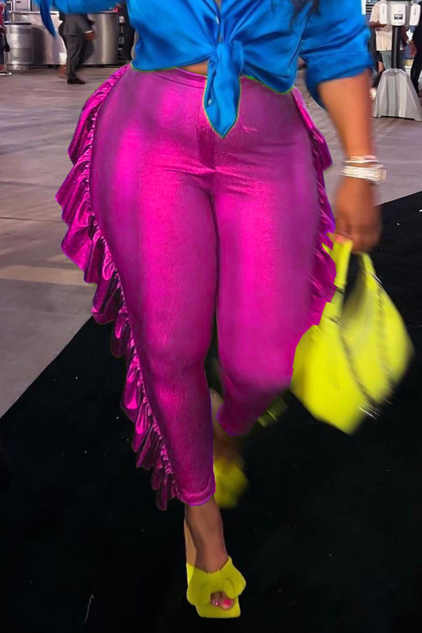 Fuchsia Casual Solid Patchwork Flounce High Waist Pencil Solid Color Bottoms
