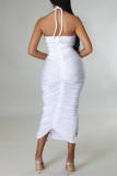 White Fashion Sexy Solid Bandage Hollowed Out Backless Halter Long Dress Dresses