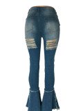 Baby Blue Sexy Street Solid Bandage Hollowed Out Patchwork High Waist Denim Jeans