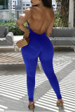 Colorful Blue Sexy Solid Patchwork Backless Halter Regular Jumpsuits