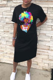 Black Fashion Casual Print Slit O Neck Short Sleeve Dress
