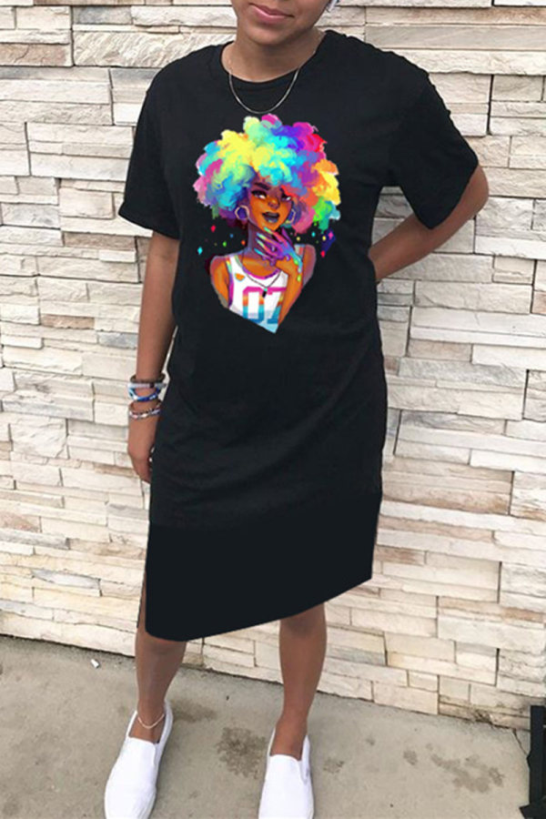 Black Fashion Casual Print Slit O Neck Short Sleeve Dress