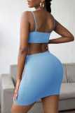 Sky Blue Sexy Casual Solid Hollowed Out Backless Spaghetti Strap One Step Skirt Dresses
