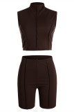 Coffee Fashion Casual Sportswear Solid Patchwork Turtleneck Sleeveless Two Pieces