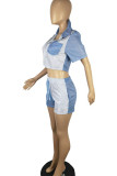Blue Casual Solid Patchwork Buckle Turndown Collar Short Sleeve Two Pieces