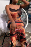 Colour Sexy Print Patchwork Spaghetti Strap One Step Skirt Dresses