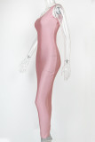 Pink Fashion Sexy Solid Backless One Shoulder Long Dress