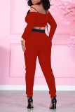 Red Fashion Casual Solid Patchwork Backless V Neck Long Sleeve Two Pieces