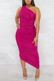 Light Purple Casual Solid Split Joint Fold Asymmetrical Oblique Collar Dresses