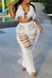 White Fashion Sexy Solid Bandage Patchwork Backless Halter Sleeveless Two Pieces
