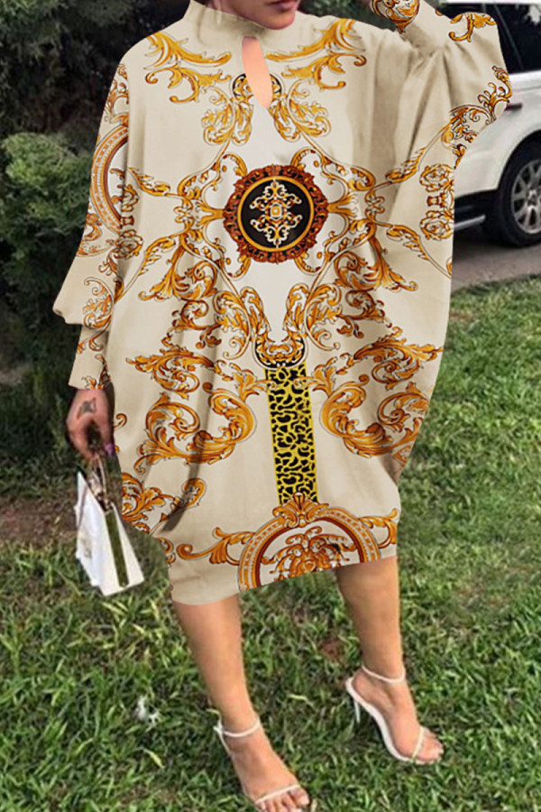 Apricot Fashion Casual Print Hollowed Out Half A Turtleneck Long Sleeve Dresses