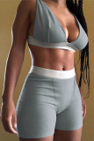 Grey Sexy Solid Split Joint V Neck Sleeveless Two Pieces