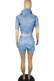 Blue Casual Solid Patchwork Buckle Turndown Collar Short Sleeve Two Pieces