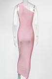 Pink Fashion Sexy Solid Backless One Shoulder Long Dress