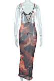 Colour Sexy Print Patchwork Spaghetti Strap One Step Skirt Dresses