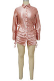 Pink Sexy Solid Bandage Patchwork Buckle Fold Turndown Collar Shirt Dress Dresses