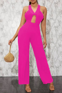 Rose Red Sexy Solid Hollowed Out Split Joint Backless Halter Straight Jumpsuits