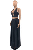 Blue Fashion Sexy Solid Backless Halter Sleeveless Two Pieces