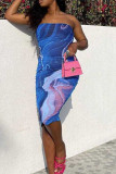 Blue Sexy Print Patchwork Strapless Pencil Skirt Dresses