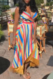 Colour Fashion Sexy Print Tassel Patchwork Backless V Neck Sling Dress