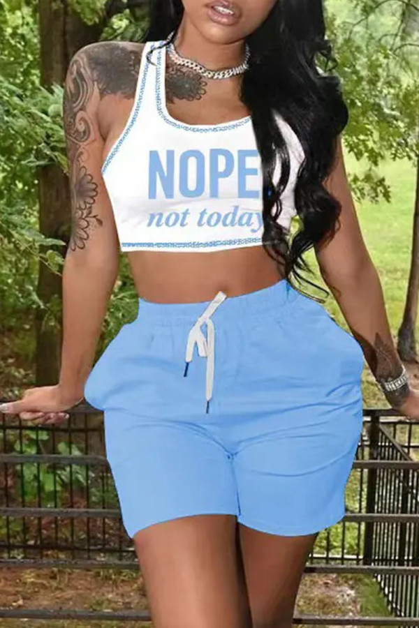Blue Fashion Casual Letter Print Basic U Neck Sleeveless Two Pieces