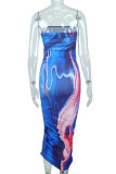 Blue Sexy Print Patchwork Strapless Pencil Skirt Dresses