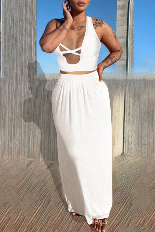 White Fashion Sexy Solid Backless Halter Sleeveless Two Pieces