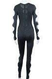 Black Sexy Solid Hollowed Out Patchwork O Neck Skinny Jumpsuits