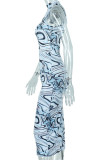 Blue Sexy Print Patchwork Half A Turtleneck One Step Skirt Dresses