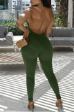 Army Green Sexy Solid Split Joint Backless Halter Regular Jumpsuits