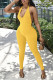 Yellow Sexy Solid Patchwork Backless Halter Regular Jumpsuits