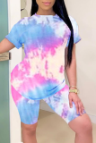 Multicolor Casual Patchwork Tie-dye O Neck Short Sleeve Two Pieces